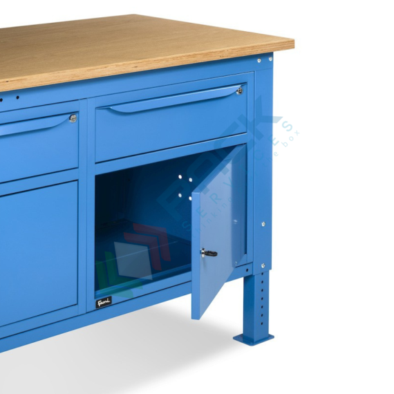Banco da lavoro piano in legno con gambe regolabili, parete attrezzata, 3 armadi con porta parziale e 1 cassetto, Mis. 2000 L x 750 P x 740/1100 H mm, colore blu, Tipologia: Banco con Parete, Gambe: Regolabili, Materiale Piano: Legno, Larghezza (cm): 200, Versione: 3 Cassetti + 3 con Porta, Colore: Blu, 14 image vendita, produzione, prezzi e offerte