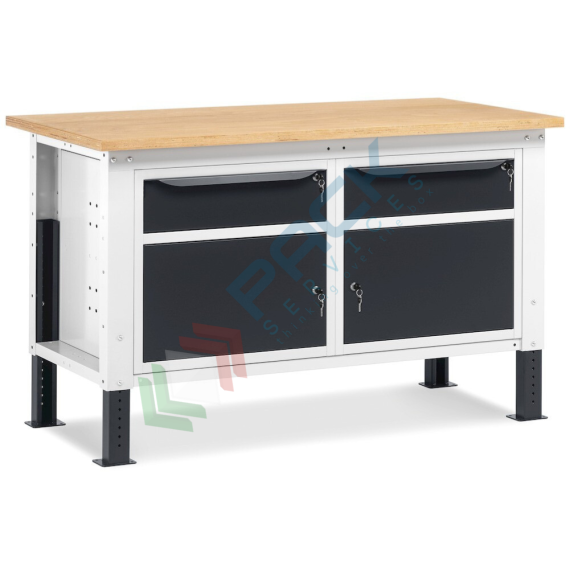 Banco da lavoro piano in legno con gambe regolabili, 2 armadi con 1 cassetto e porta, Mis. 1500 L x 750 P x 740/1100 H mm, colore antracite/grigio chiaro, Tipologia: Banco con Cassetti, Gambe: Regolabili, Materiale Piano: Legno, Larghezza (cm): 150, Versione: 2 Cassetti + 2 con Porta, Colore: Grigio vendita, produzione, prezzi e offerte