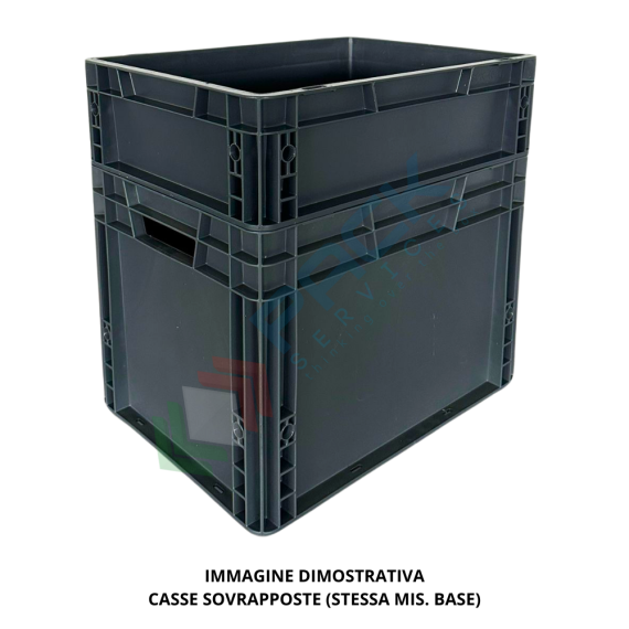 Cassetta in plastica riciclata (PP) sovrapponibile, 45 Lt, mis. 600 L x 400 P x 220 H mm, base e pareti chiuse, maniglie passanti, Tipologia: Cassa Norma Europa, Versione: Base e Pareti Chiuse, Mis. Base (cm): 40 x 60, Altezza (cm): 22, Capacità: 45 Lt, Contatto Diretto con Alimenti: NO, Colore: Grigio, 15 image vendita, produzione, prezzi e offerte