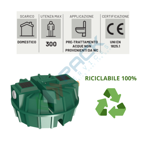 Degrassatore statico corpo nervato, A.E. 20, coperti 50, scarico domestico, Mis. Ø 1100 x 600 H mm, per il pre-trattamento acque non provenienti da wc, Utilizzo: Trattamento Primario, Tipologia: Degrassatore, Volume (Lt): 450, Versione: Corpo Nervato, 8 image vendita, produzione, prezzi e offerte