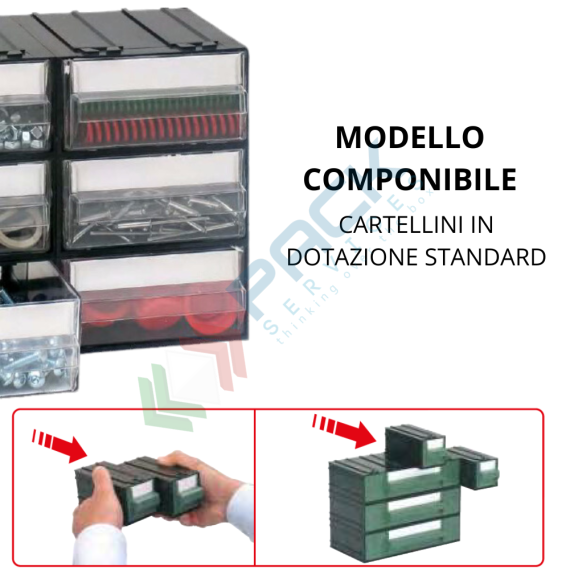 Cassettiera in plastica componibile con 24 cassetti, mis. 225 L x 133 P x 169 H mm, colore verde, Tipologia: Cassettiera Mini, Cassetti/e nr.: 24, Formato: Formato A, Colore: Nero + Verde, 5 image vendita, produzione, prezzi e offerte