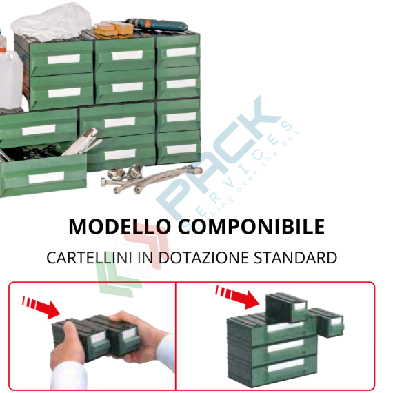 Cassettiera in plastica componibile con 4 cassetti, mis. 225 L x 323 P x 450 H mm, colore verde, Tipologia: Cassettiera Maxi, Cassetti/e nr.: 4, Formato: Formato M1, Colore: Nero + Verde, 11 image vendita, produzione, prezzi e offerte